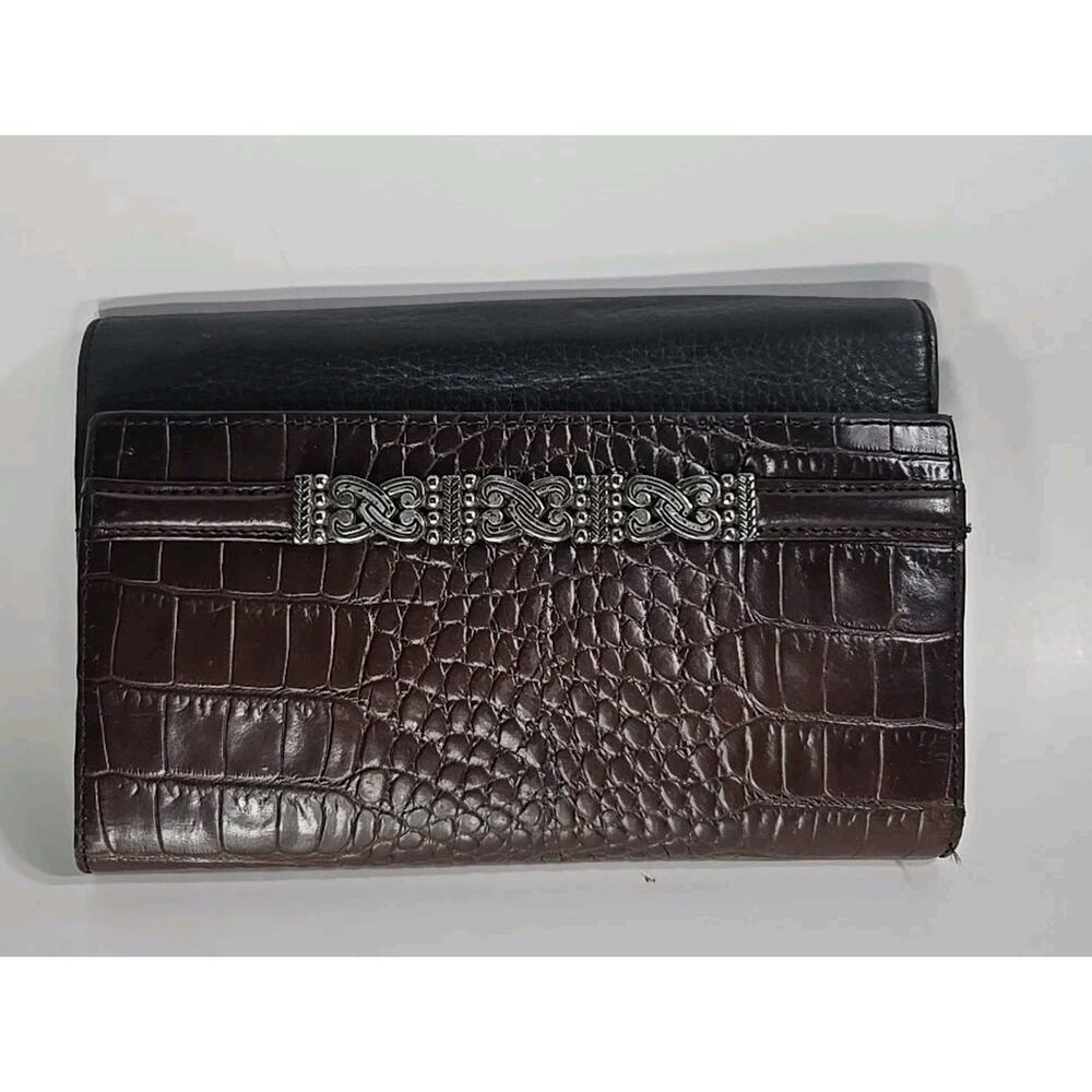 VTG Brighton Black & Brown Croc Embossed Leather Checkbook- Wallet 90's